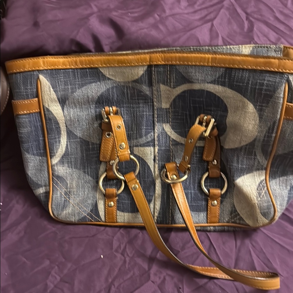 Coach Gray and Tan Shoulder Bag with Leather Trim